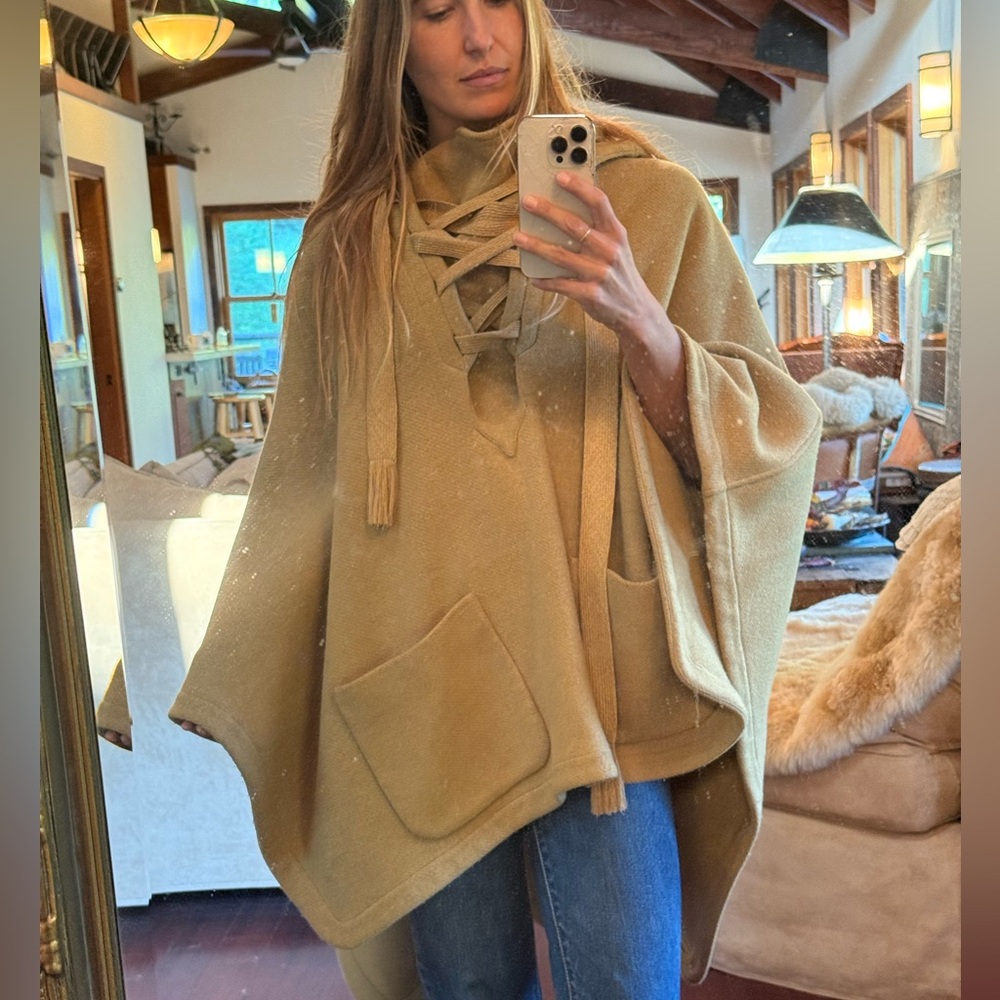 Chloe Gold Yellow Lace-Up Wool Poncho - Picture 3 of 10
